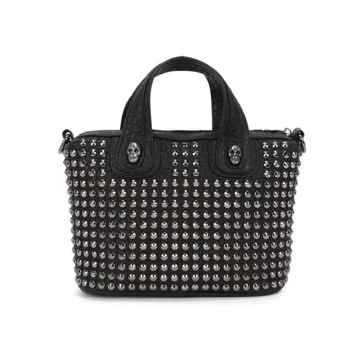 Black Leather Top Handle Rivet Studded Goth Bags With Strap