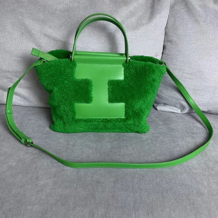 Green Genuine Sheepskin Handbag Square Commuter Tote