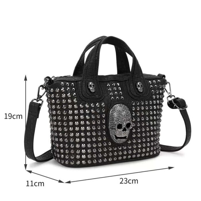 Black Leather Top Handle Rivet Studded Goth Bags With Strap