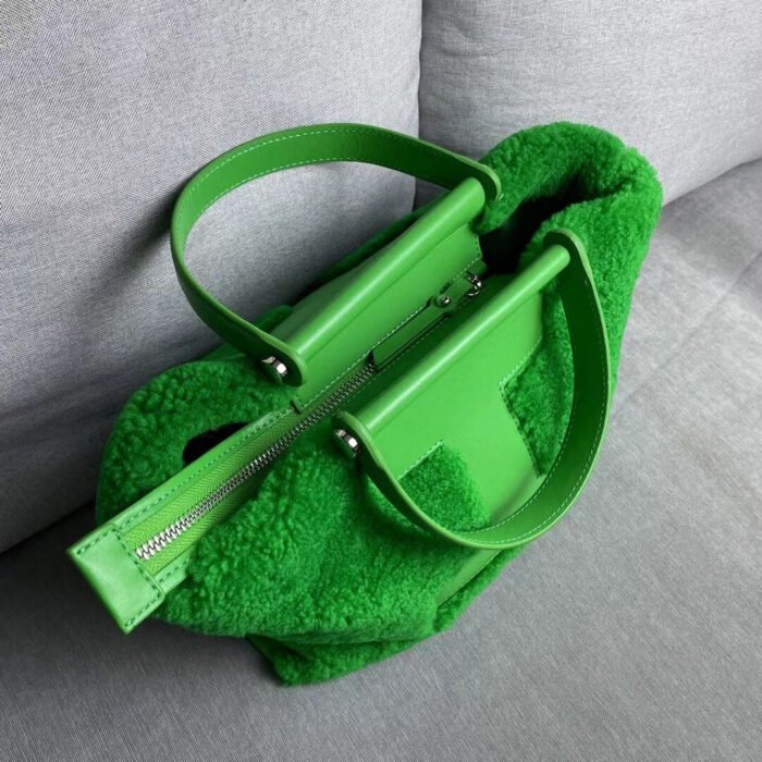 Green Genuine Sheepskin Handbag Square Commuter Tote