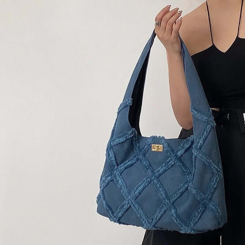 Vintage Denim Lattice Pattern Tote Purse