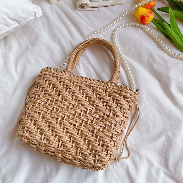 Brown Pearl Chain Woven Straw Handbags