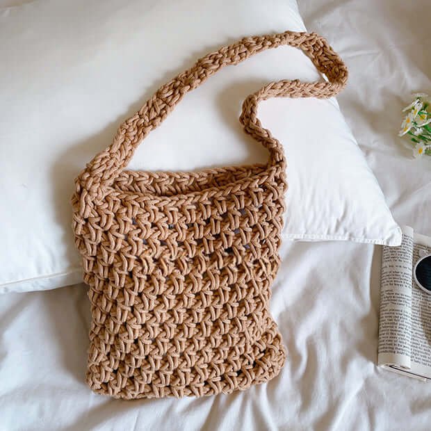 Women Mesh Crochet Cotton Crossbody Bag Brown