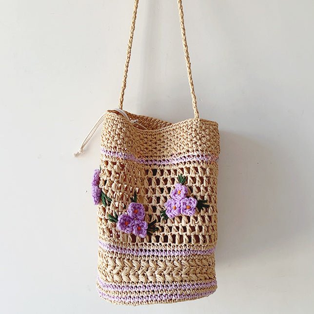 Raffia Embroidered Bucket Straw Bag