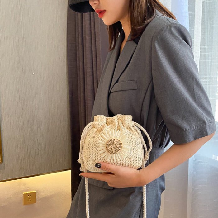 Summer Sunflower Straw Bucket Crossbody Bag White