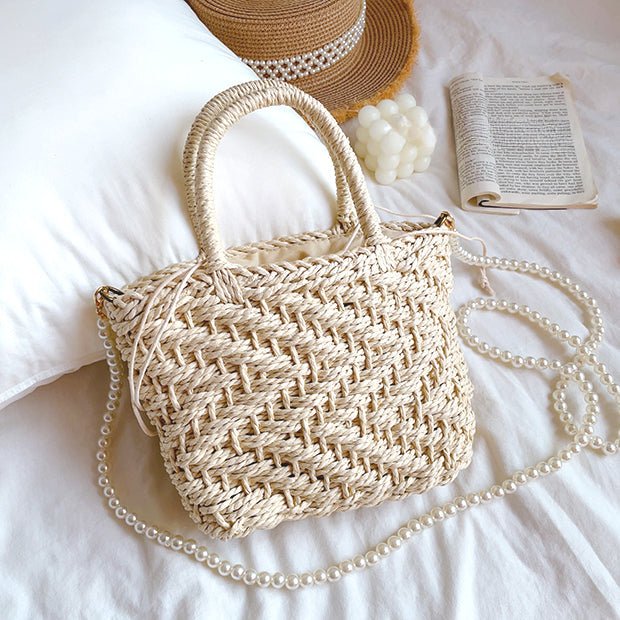 White Seaside Woven Crossbody Bag with Pearl Chain