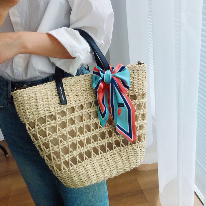 White Summer Straw Bucket Tote with Leather Handle