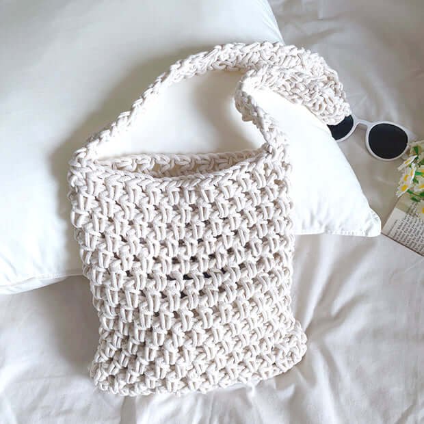 Solid Crochet Bucket Shopper Bag in White