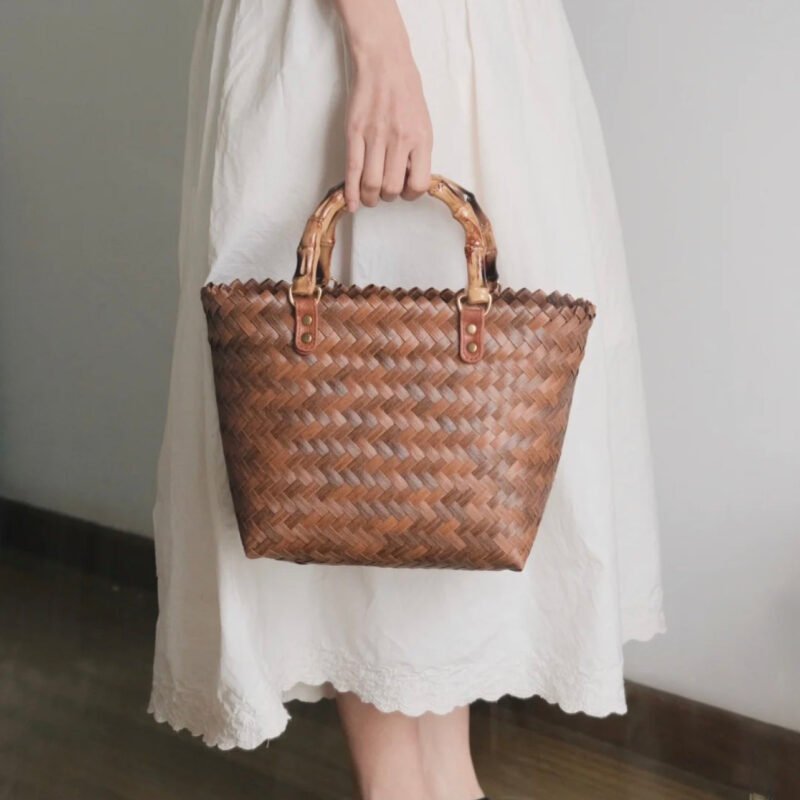 Wicker Woven Straw Bucket Bag with Acrylic Handle