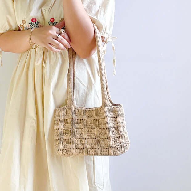 Khaki Knit Shopping Crochet Checked Tote Bag