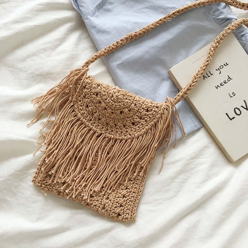 Mini Fringed Knit Crochet Crossbody Bag in Brown