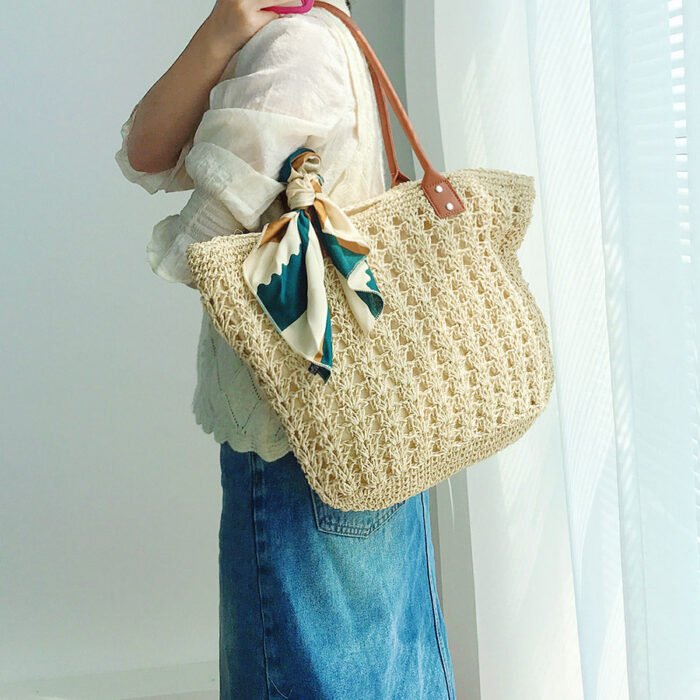 Modern Straw Tote Bag with Leather Handles