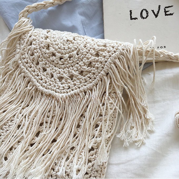 Small Fringe Knitted Beach Crossbody Bag White