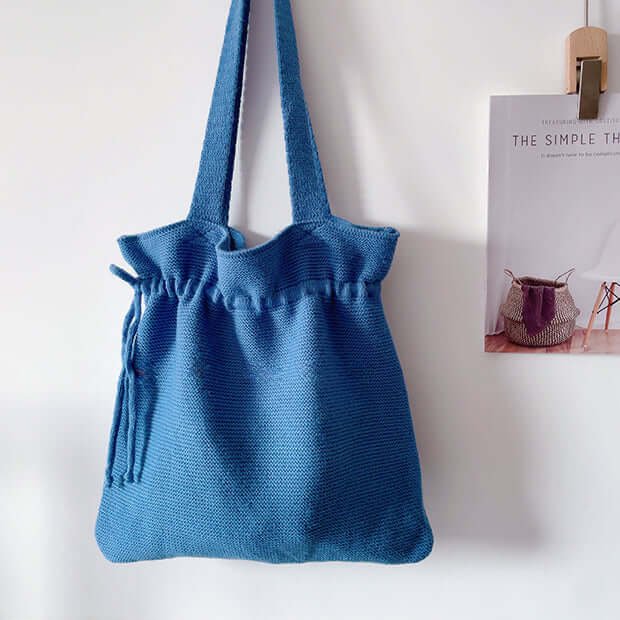 Handmade Kit Drawstring Crochet Tote Bag Blue