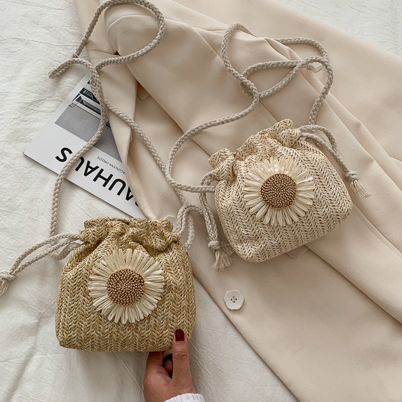 Small Lightweight Sunflower Bucket Straw Bag Khaki