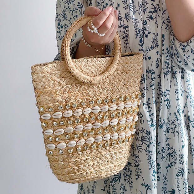 Diamond Shell Straw Basket Bag with Round Handles