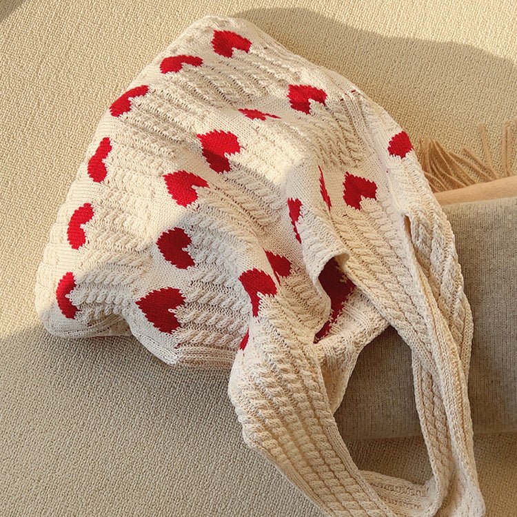 Women Heart Knitted Shopping Tote Bag in White