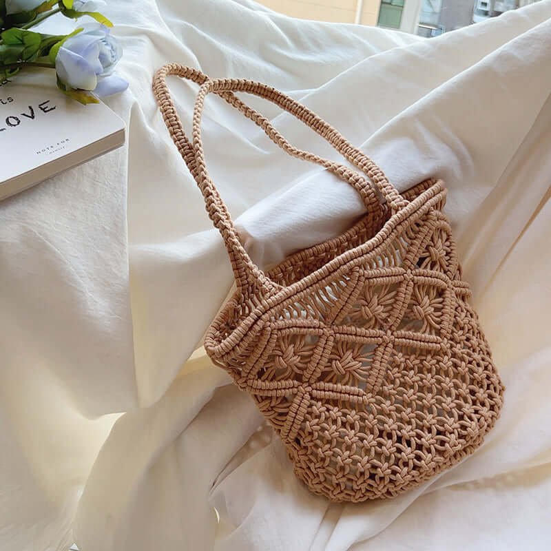 Artisan Craftsmanship Boho Crochet Bucket Bag Brown