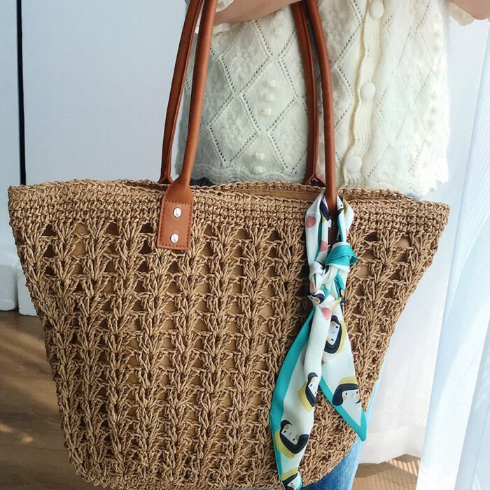 Modern Straw Tote Bag with Leather Handles