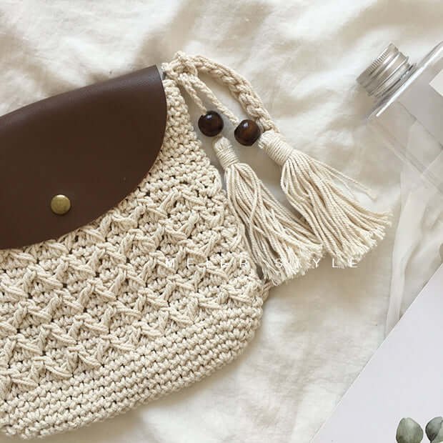 Crochet Cotton Tassel Flip Crossbody Bag White