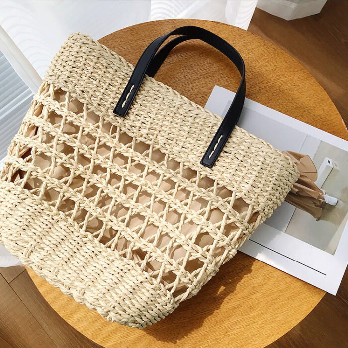 White Summer Straw Bucket Tote with Leather Handle