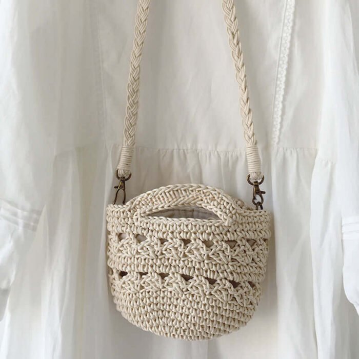 Small Crochet Beach Bucket Crossbody Bag in White