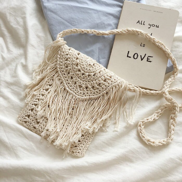 Small Fringe Knitted Beach Crossbody Bag White