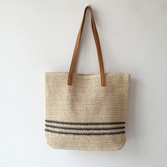 Striped Beach Woven Shoulder Bag with Leather Strap