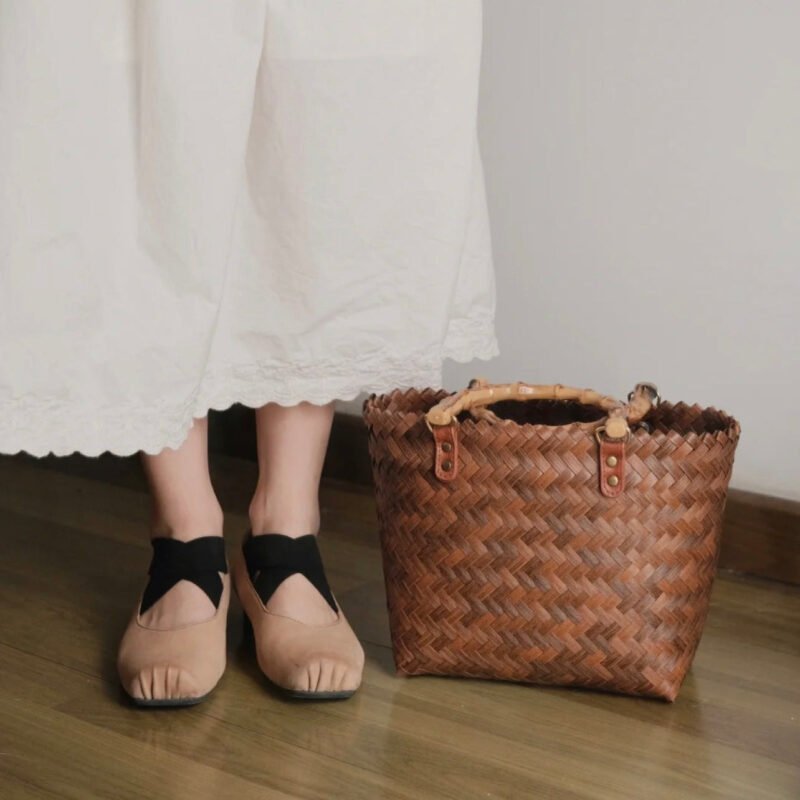 Wicker Woven Straw Bucket Bag with Acrylic Handle