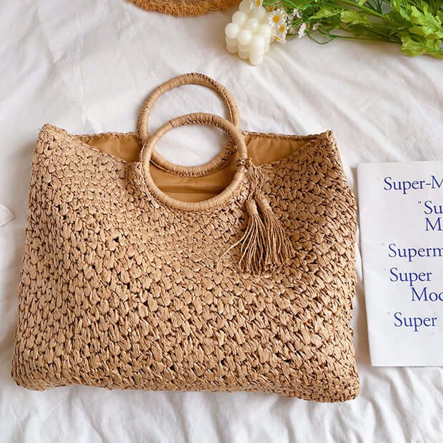 Big Woven Straw Tote Bag with Round Handle