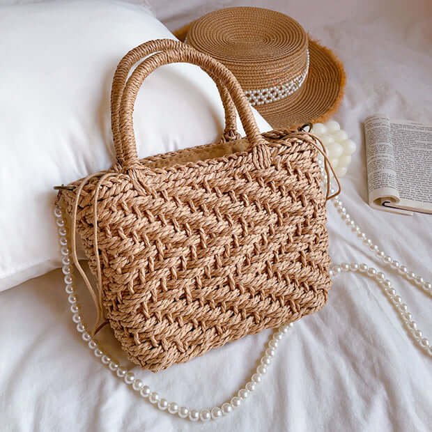 Brown Pearl Chain Woven Straw Handbags