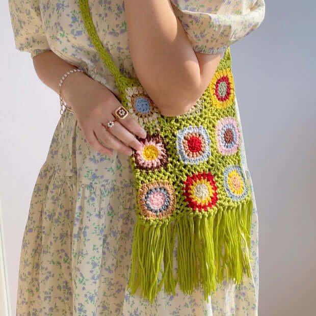 Granny Square Fringe Crochet Crossbody Bag Green