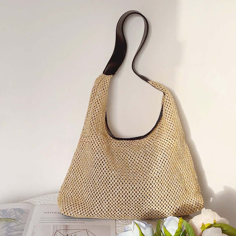 Hobo Beach Straw Bag with Black Leather Strap