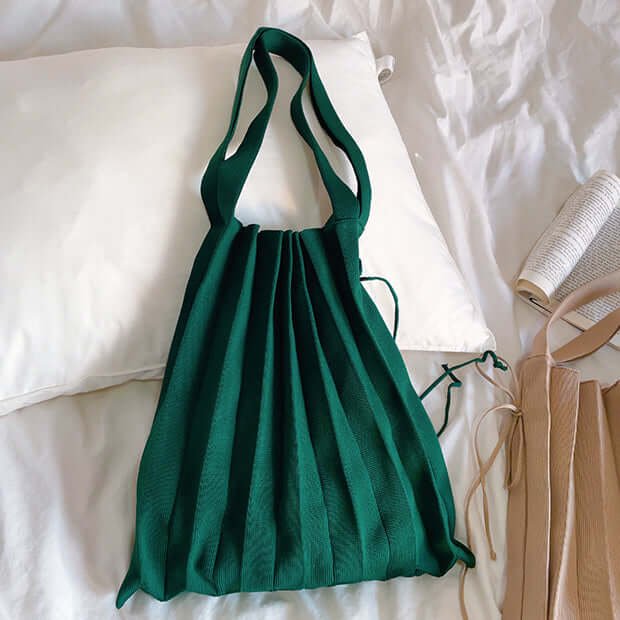 Foldable Pleated Crochet Tote Bag Green