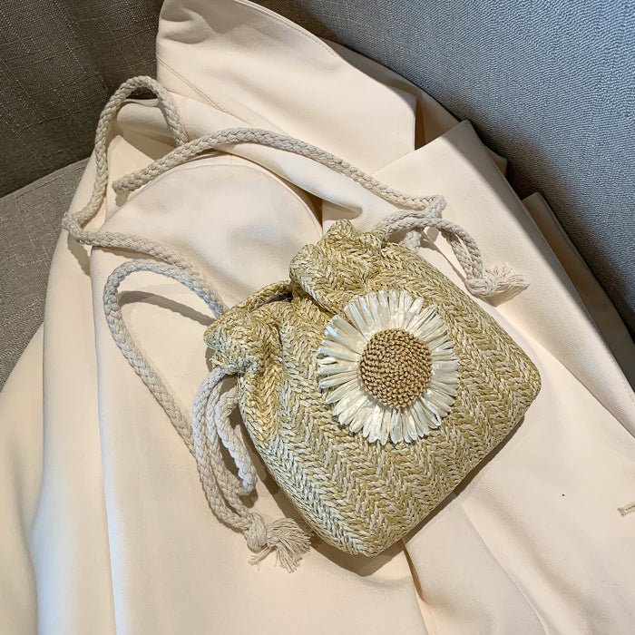 Small Lightweight Sunflower Bucket Straw Bag Khaki