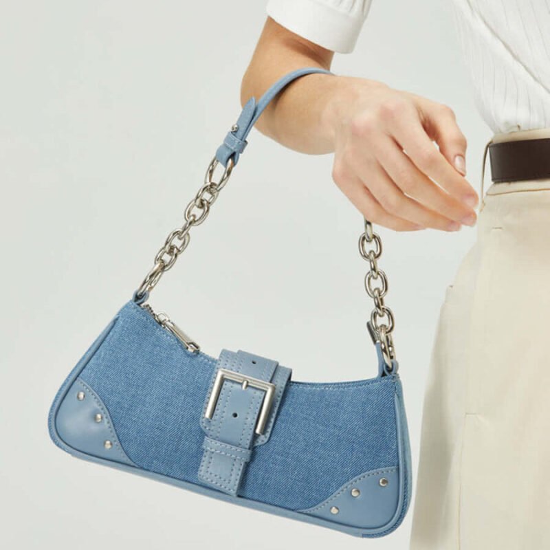 Denim Baguette Crescent Metal Chain Purse