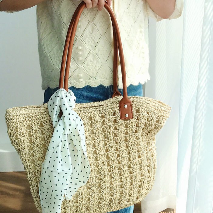 Modern Straw Tote Bag with Leather Handles