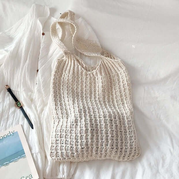 Solid Knitted Shoulder Market Crochet Tote Bag White