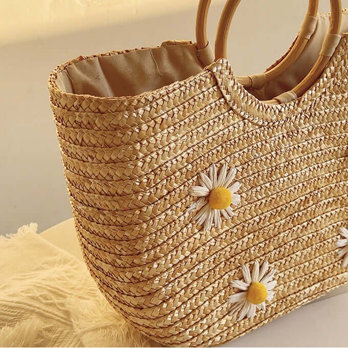 Daisy Straw Basket Bag with Wood Circular Handles