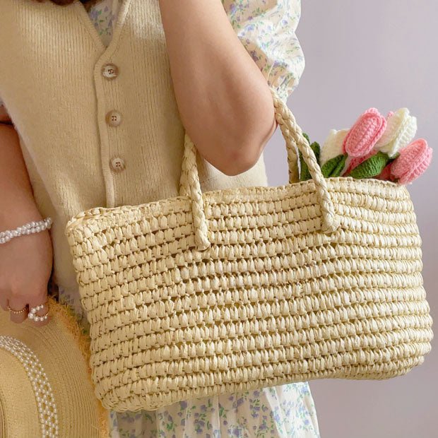 Summer Straw Woven Vegetable Basket Tote White