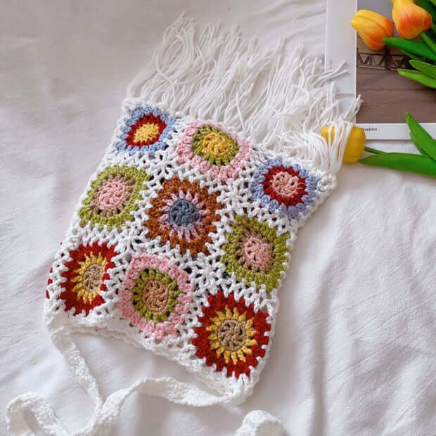 Mini Granny Square Crochet Sunflower Bag White