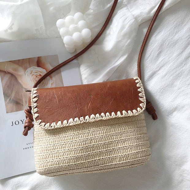 Mini Leather Flip Straw Shoulder Bag White