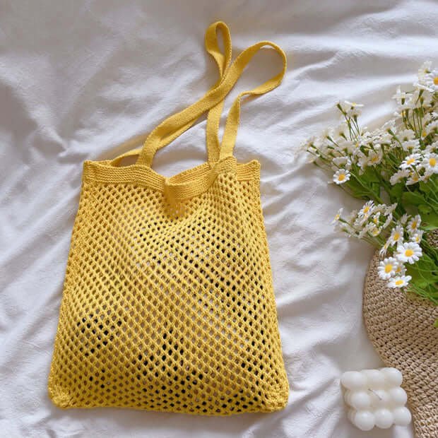 Hollow Mesh Crochet Shoulder Bag in Yellow