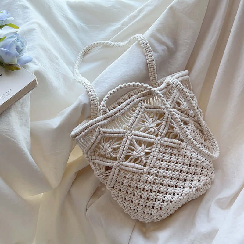 Design Bohemian Crochet Cotton Bucket Bag Off White