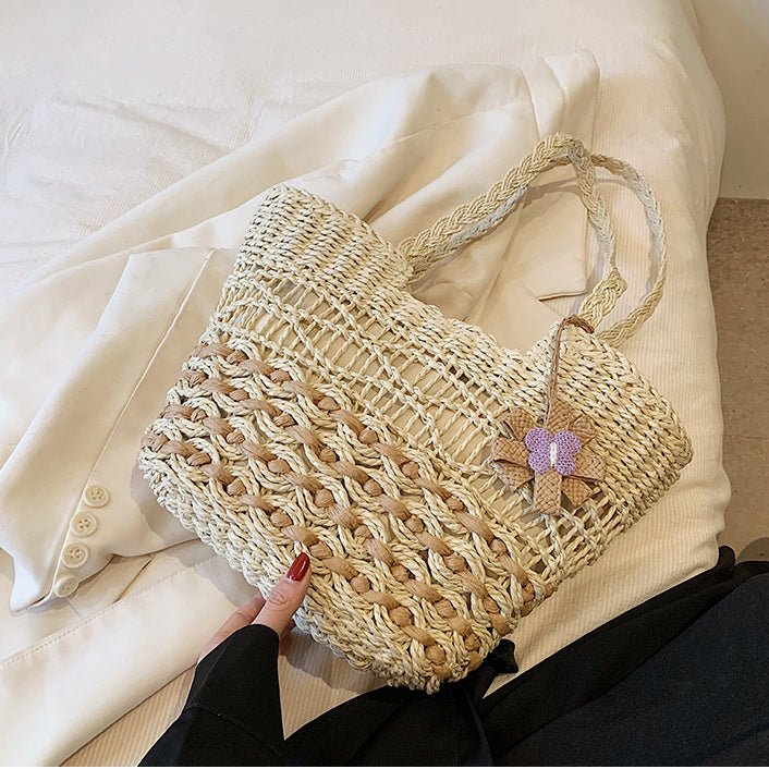 White Woven Straw Tote Bag with Flower Decoration