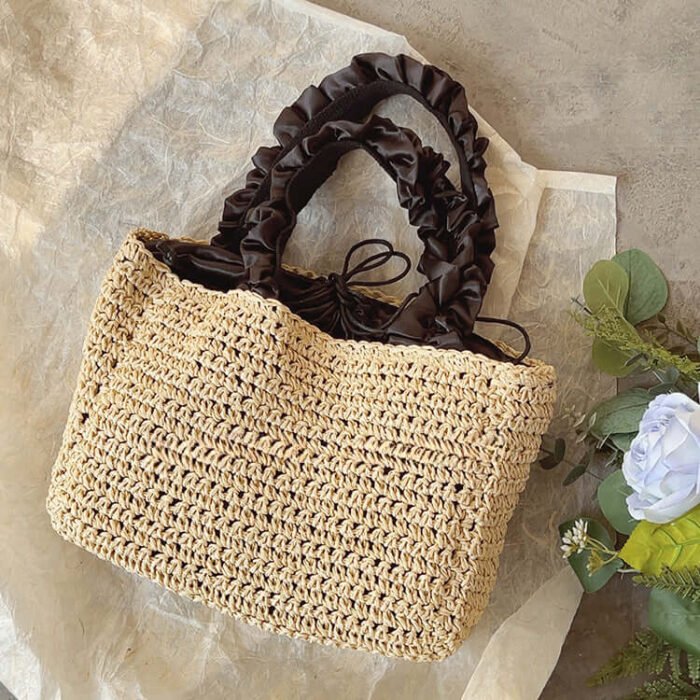 Designer Pleated Drawstring Straw Tote Bag