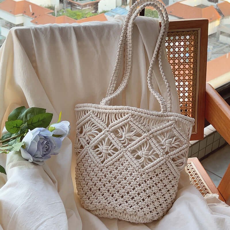 Design Bohemian Crochet Cotton Bucket Bag Off White