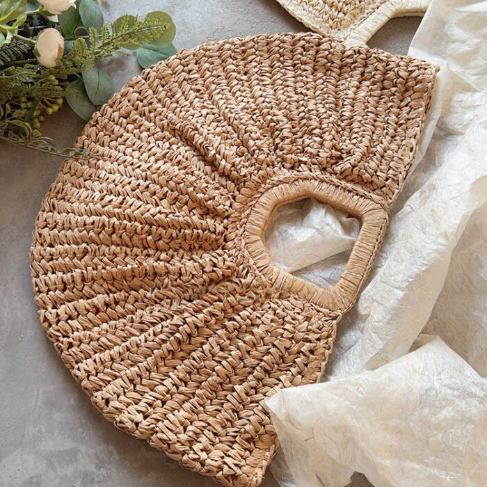 Woven Moon Half Circle Beach Straw Handbag