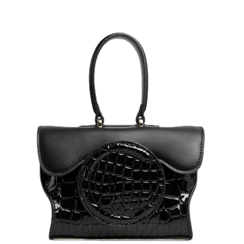 Black Geometric Square Croc Pattern Mini Leather Bag