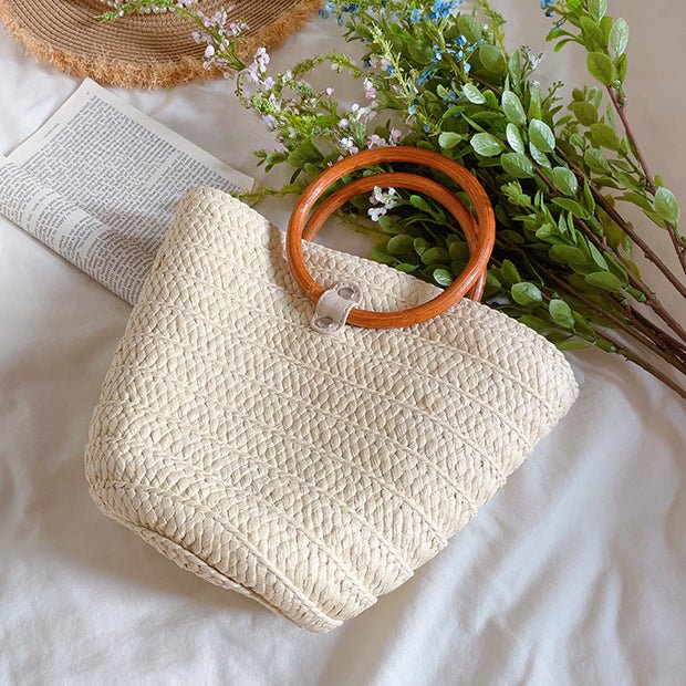 White Straw Bucket Bag with Wood Round Handle